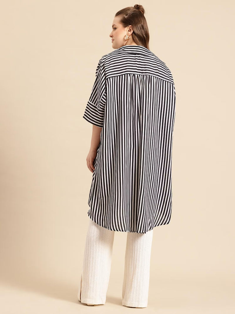Black Striped Crepe Hi-Low Shirt