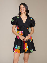 Black Multicolor Printed Mini Dress