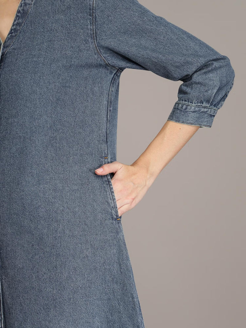 Navy Blue Cotton A-Line Denim Dress