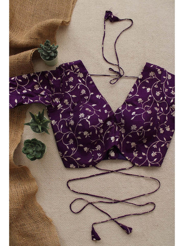 Purple Silk Brocade Festive Stitched Blouse Backless
