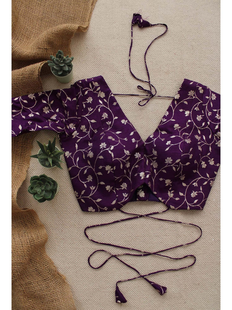 Purple Silk Brocade Festive Stitched Blouse Backless