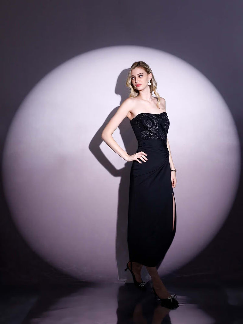 Black Sequined Strapless Midi Dress