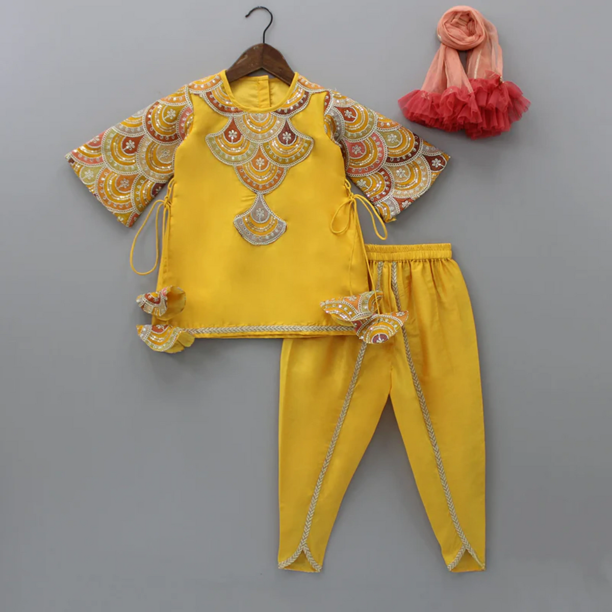 Mustard Peach Embroidered Kurti Dhoti Set