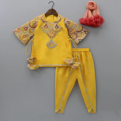 Mustard Peach Embroidered Kurti Dhoti Set