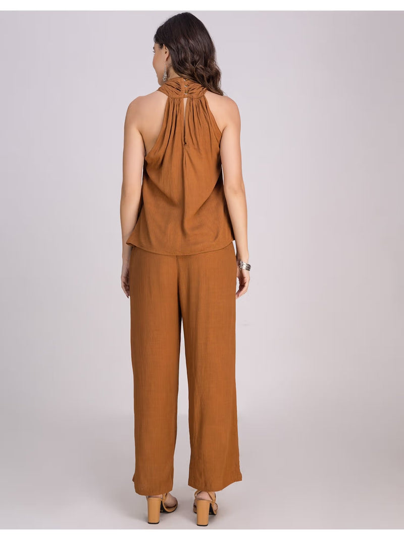 Brown Viscose Rayon Halter Co-Ord Set