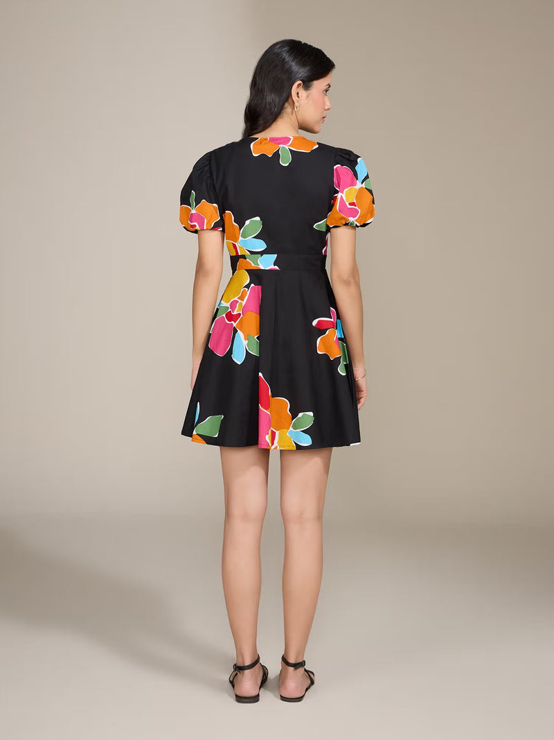 Black Multicolor Printed Mini Dress