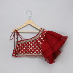 Maroon Organza Chanderi Off Shoulder Lehenga