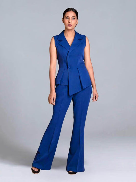 Blue Crepe Asymmetrical Fitted Co-Ord Set