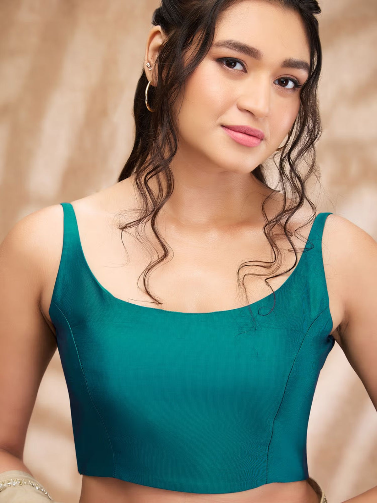 Teal Taffeta Silk Round-Neck Sleeveless Blouse