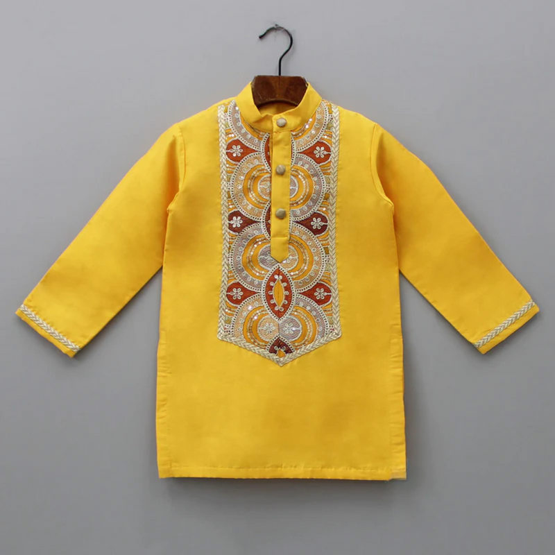 Mustard Cotton Silk Embroidered Kurta Set
