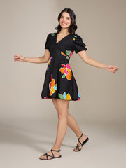 Black Multicolor Printed Mini Dress