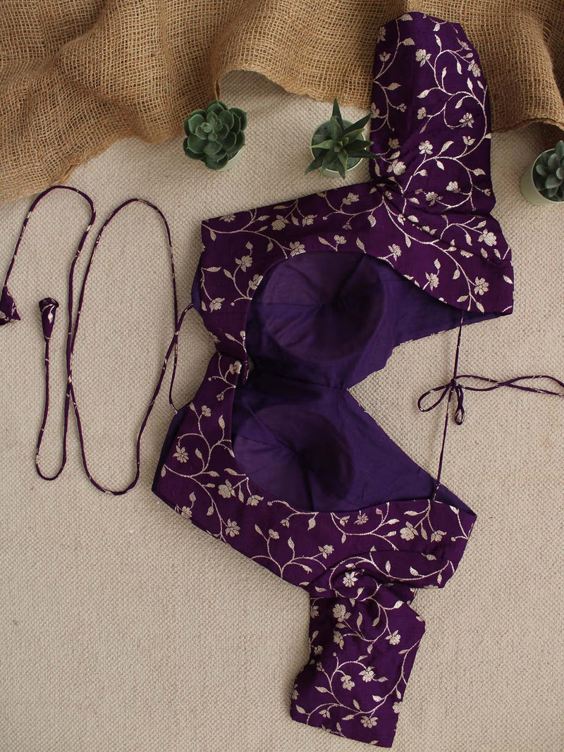 Purple Silk Brocade Festive Stitched Blouse Backless