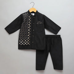 Black Cotton Silk Kurta Pyjama Jacket Set