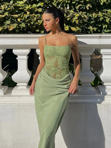 Green Flat Jersey Lace-Trimmed Maxi Dress