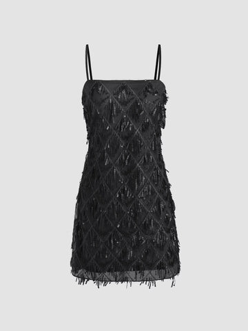 Black Sequin Geometric Tassel Mini Dress