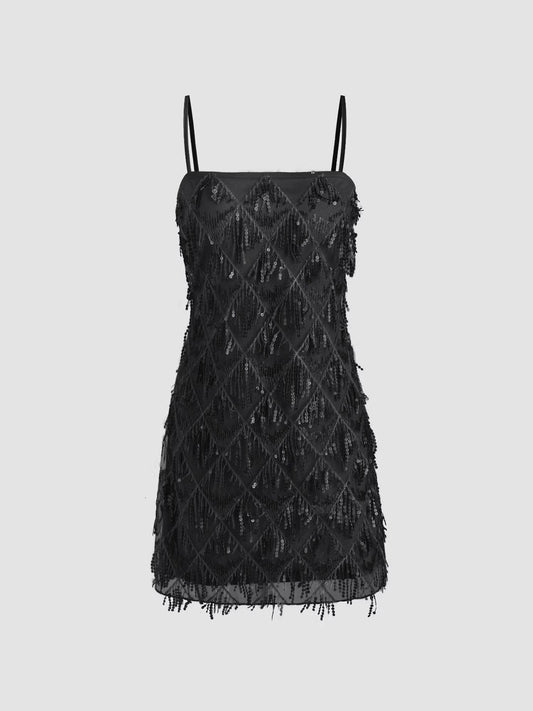 Black Sequin Geometric Tassel Mini Dress