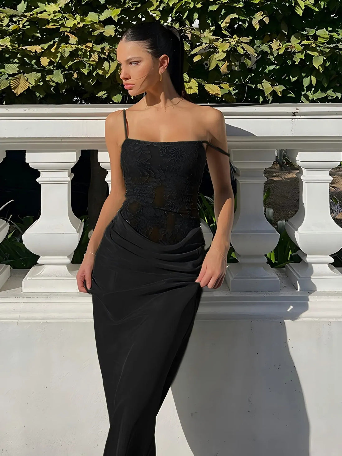Green Flat Jersey Lace-Trimmed Maxi Dress