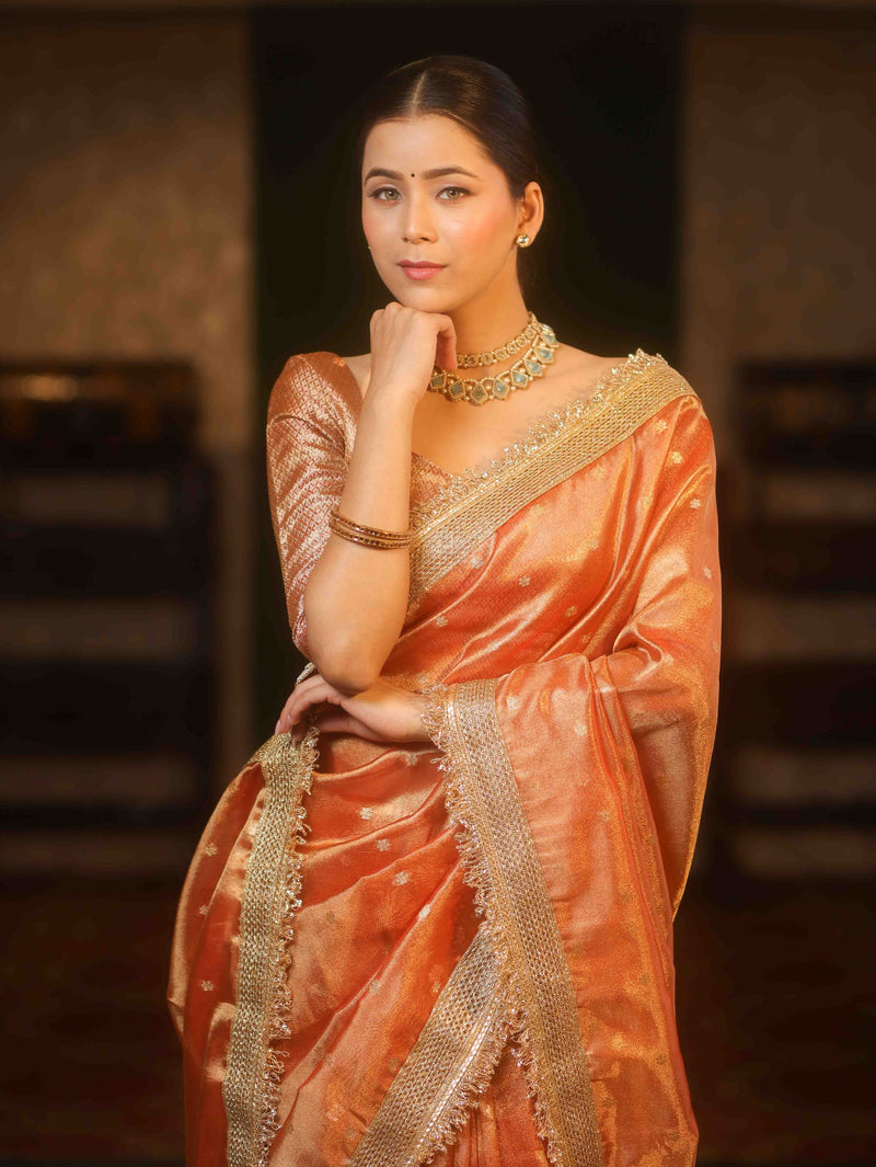 Handwoven Tissue Peach Saree with Zari Buti & Lace