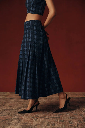 Deep Navy Cotton Linen Argyle Skirt