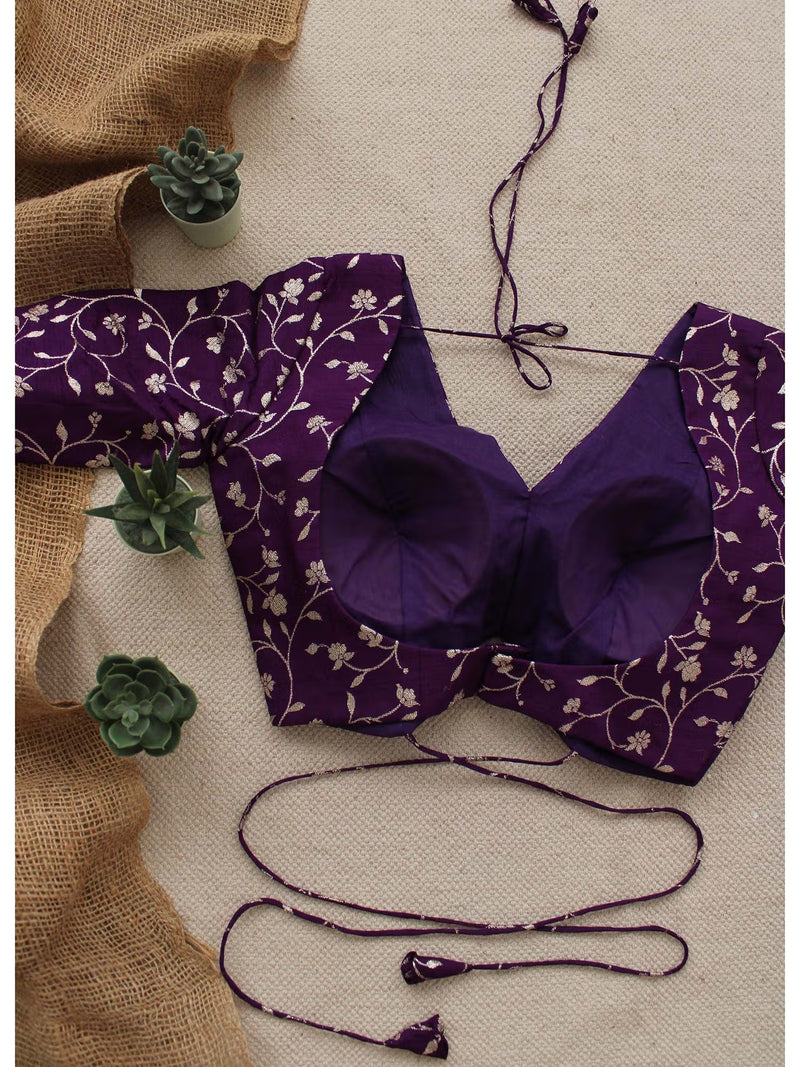Purple Silk Brocade Festive Stitched Blouse Backless