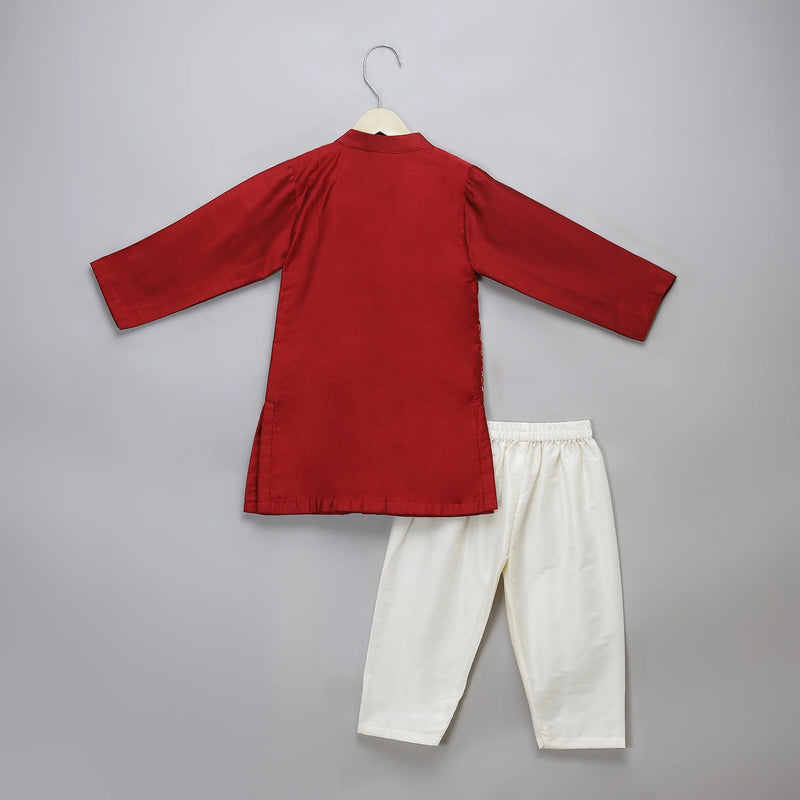 Maroon Cotton Silk Panel Kurta Pyjama Set
