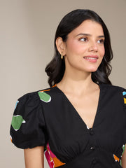 Black Multicolor Printed Mini Dress