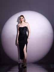 Black Sequined Strapless Midi Dress