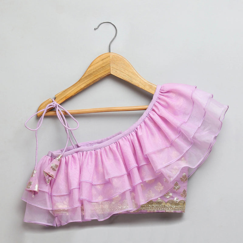 Lavender Organza Chanderi Off Shoulder Lehenga