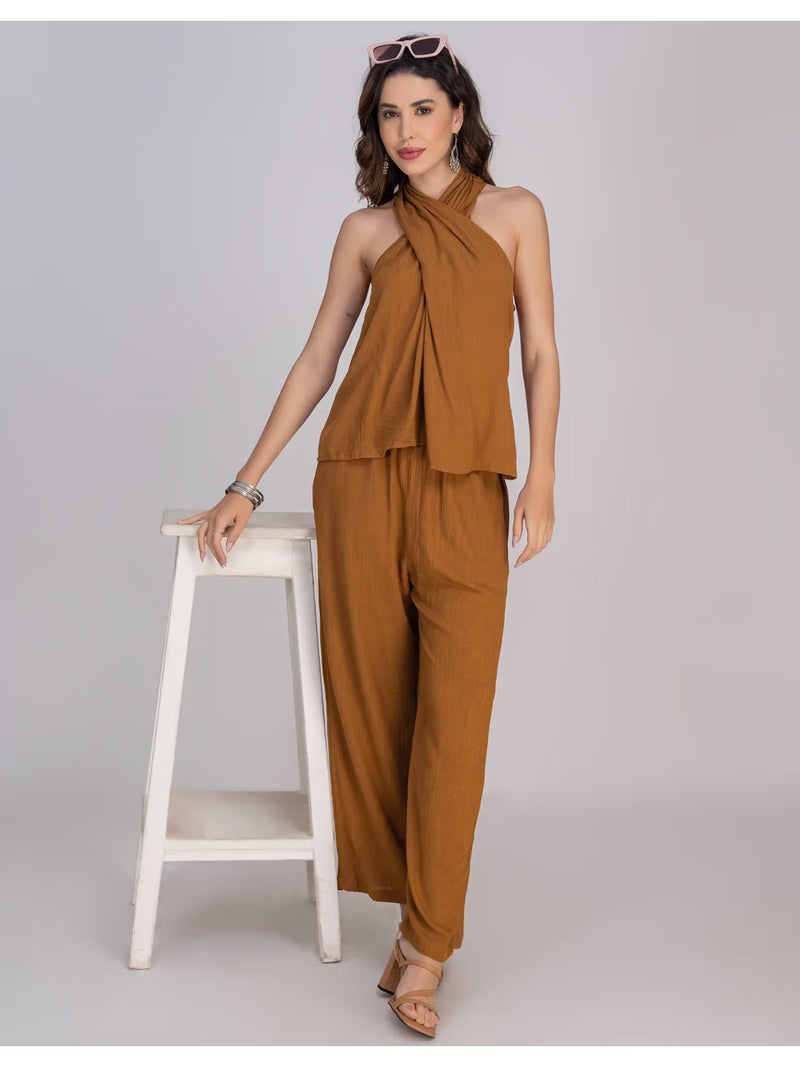 Brown Viscose Rayon Halter Co-Ord Set