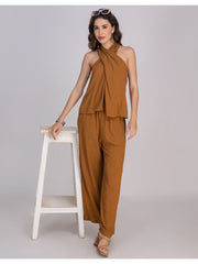 Brown Viscose Rayon Halter Co-Ord Set