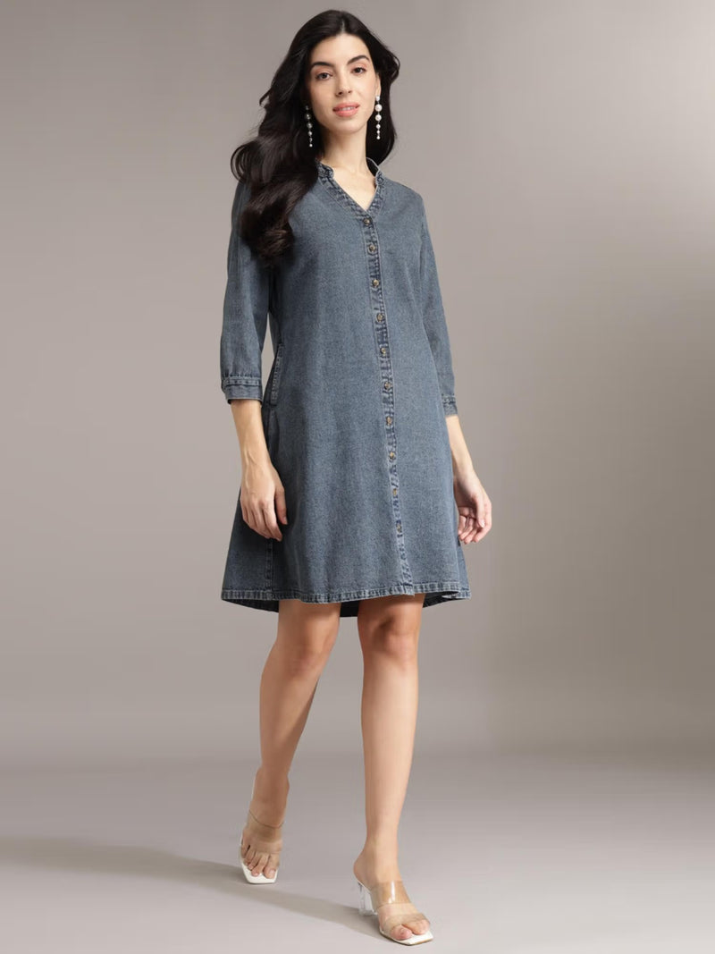 Navy Blue Cotton A-Line Denim Dress
