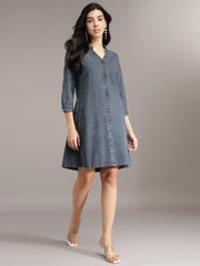 Navy Blue Cotton A-Line Denim Dress