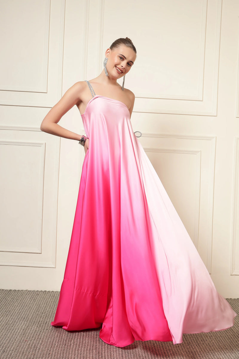 Pink Satin One-Shoulder Diamond Maxi