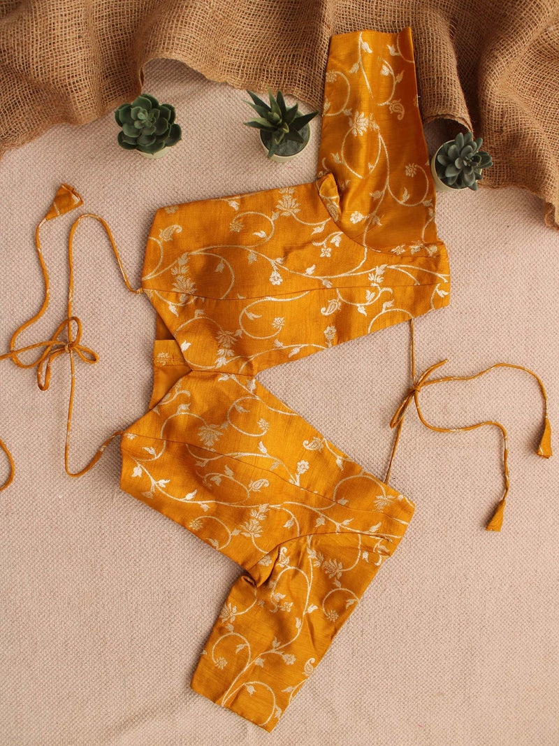 Yellow Silk Brocade V-Neck Blouse Backless