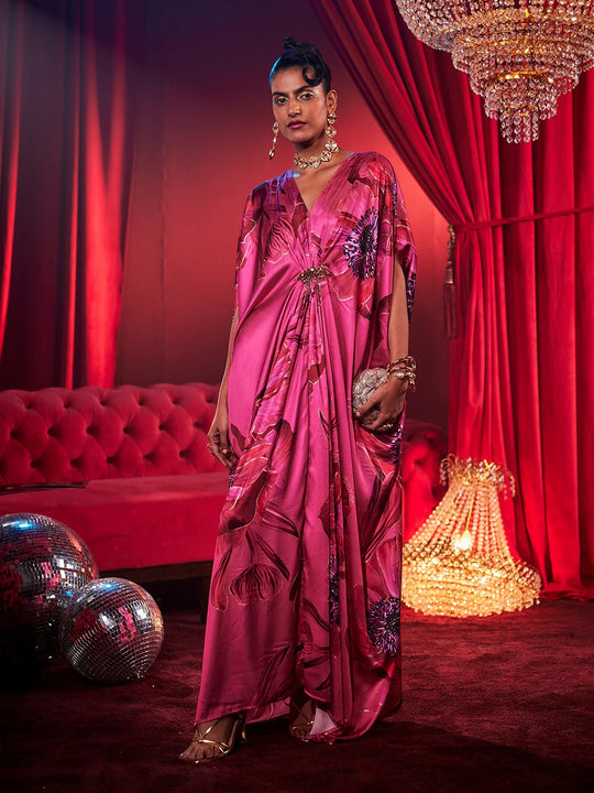 Satin Fuchsia Poppy Print Kaftan Dress