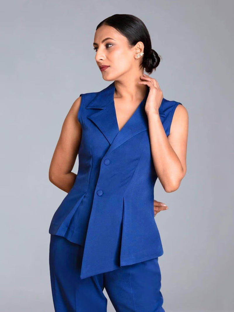 Blue Crepe Asymmetrical Fitted Co-Ord Set