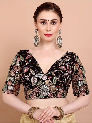 Black Embellished Georgette Plunge Blouse