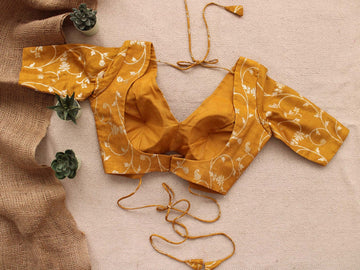 Yellow Silk Brocade V-Neck Blouse Backless