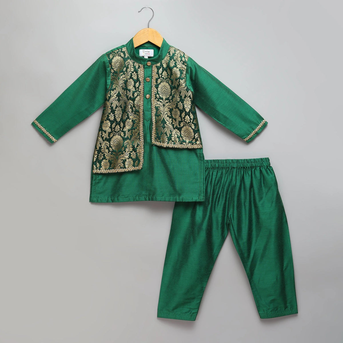 Green Cotton Silk Kurta Pyjama Brocade Jacket