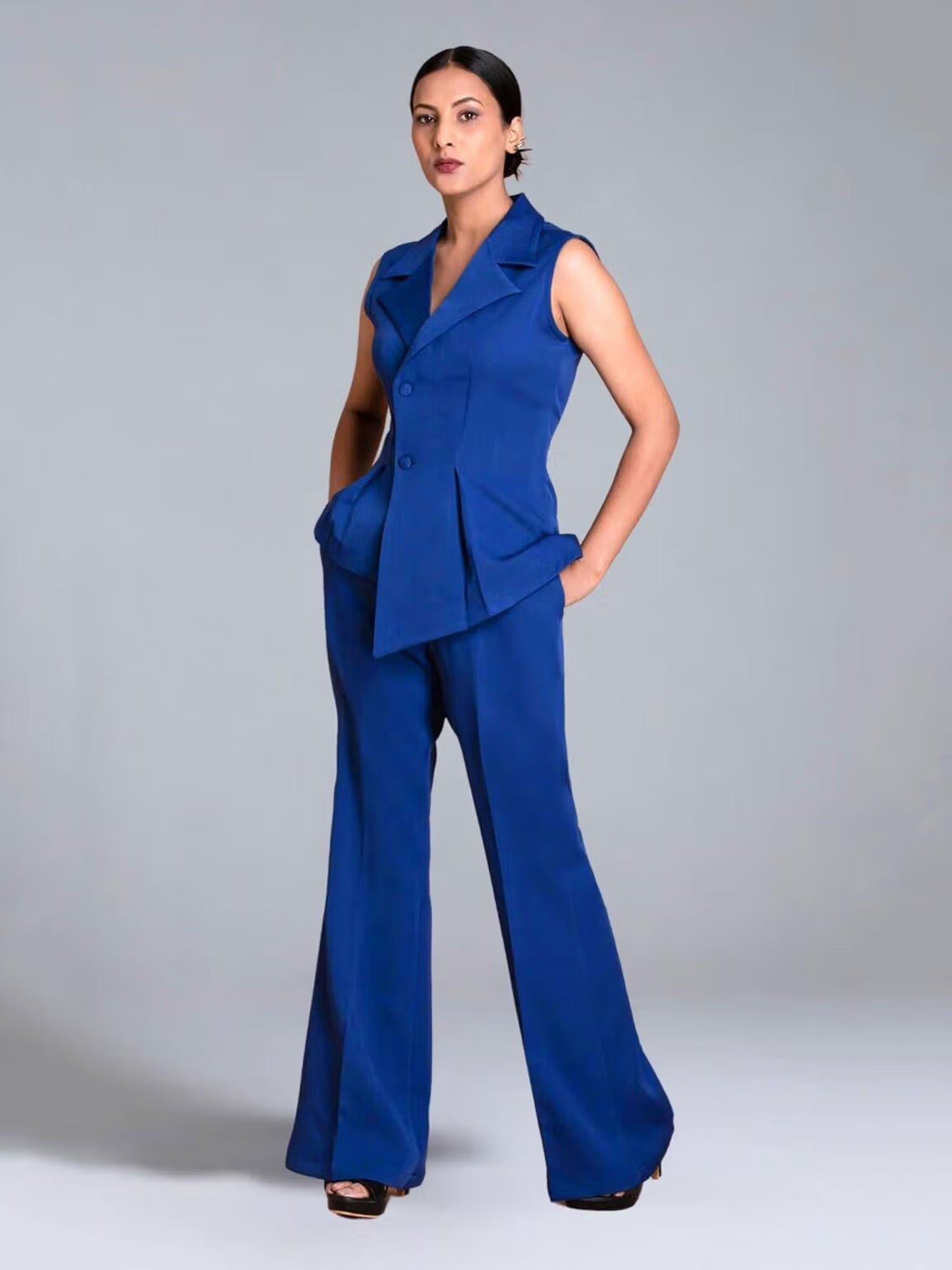 Blue Crepe Asymmetrical Fitted Co-Ord Set