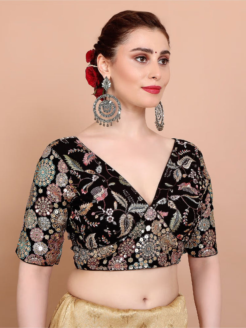 Black Embellished Georgette Plunge Blouse