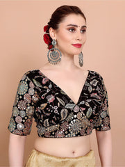 Black Embellished Georgette Plunge Blouse