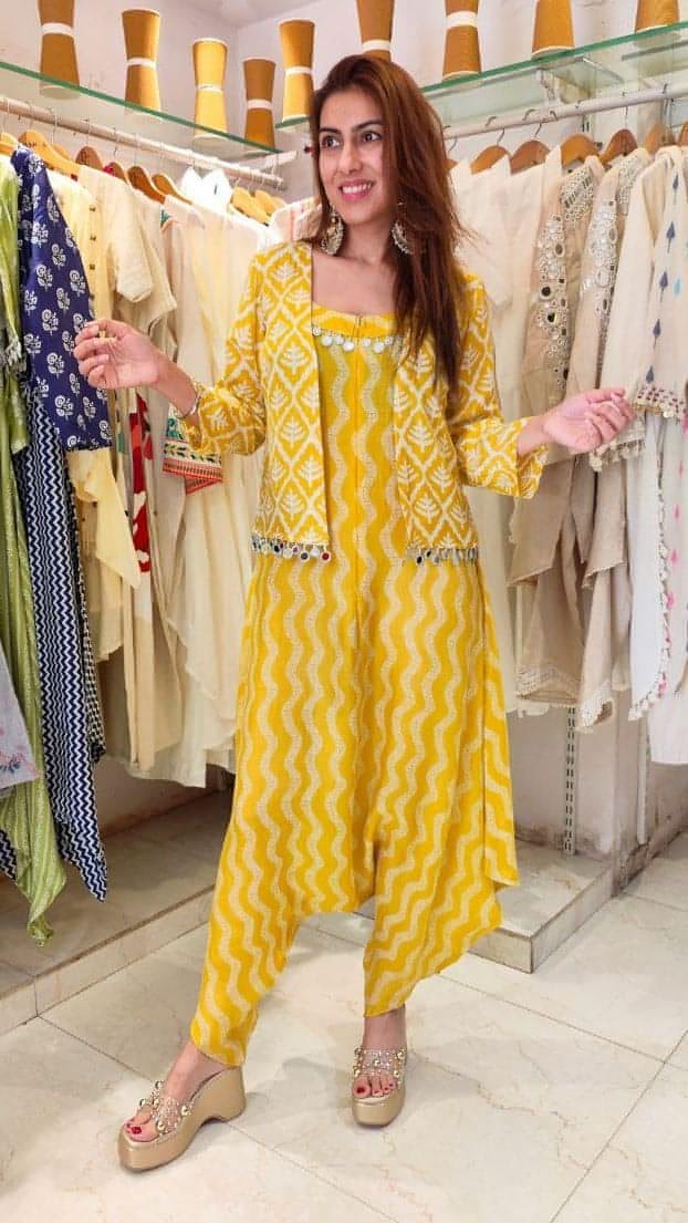 Natural Crepe Shell Yellow Dhoti Set