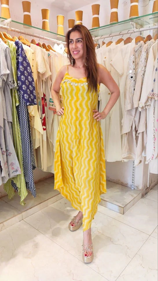 Natural Crepe Shell Yellow Dhoti Set