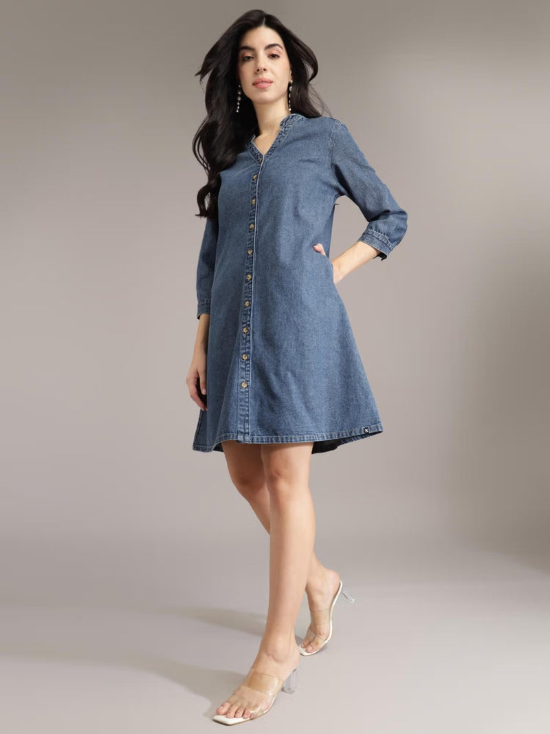 Navy Blue Cotton A-Line Denim Dress