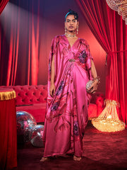 Satin Fuchsia Poppy Print Kaftan Dress