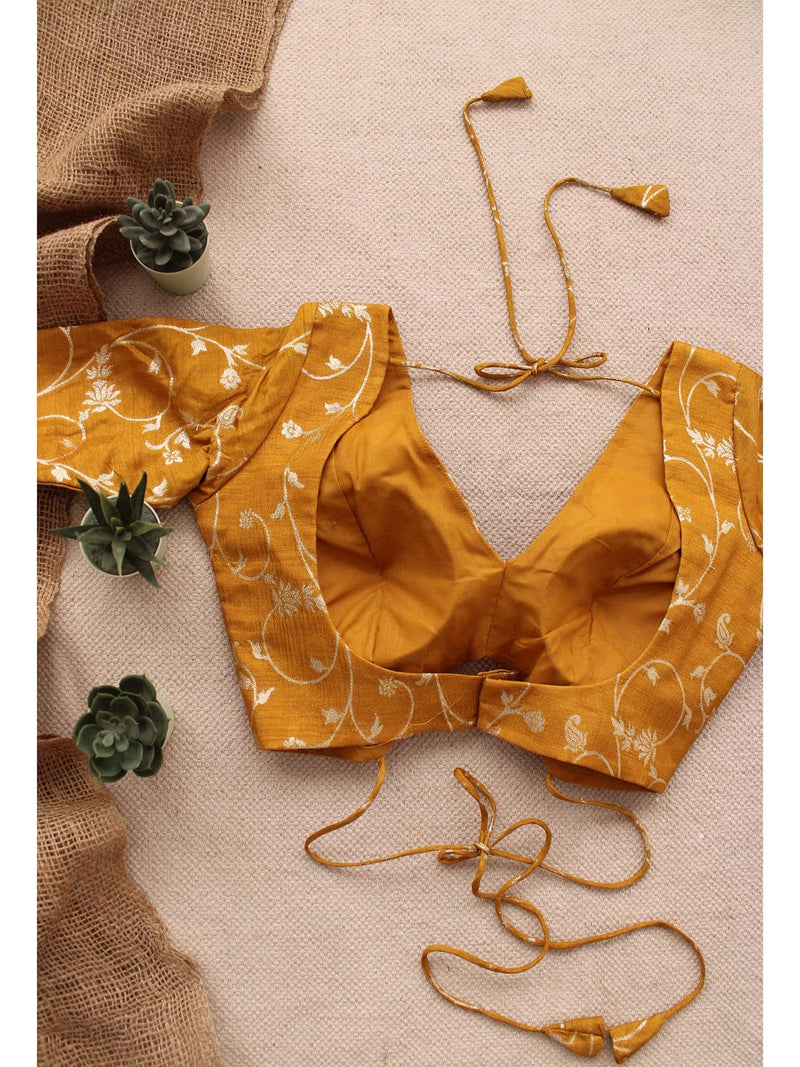 Yellow Silk Brocade V-Neck Blouse Backless