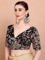 Black Embellished Georgette Plunge Blouse