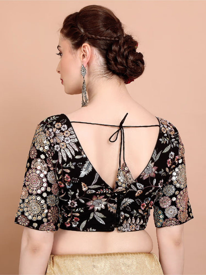 Black Embellished Georgette Plunge Blouse
