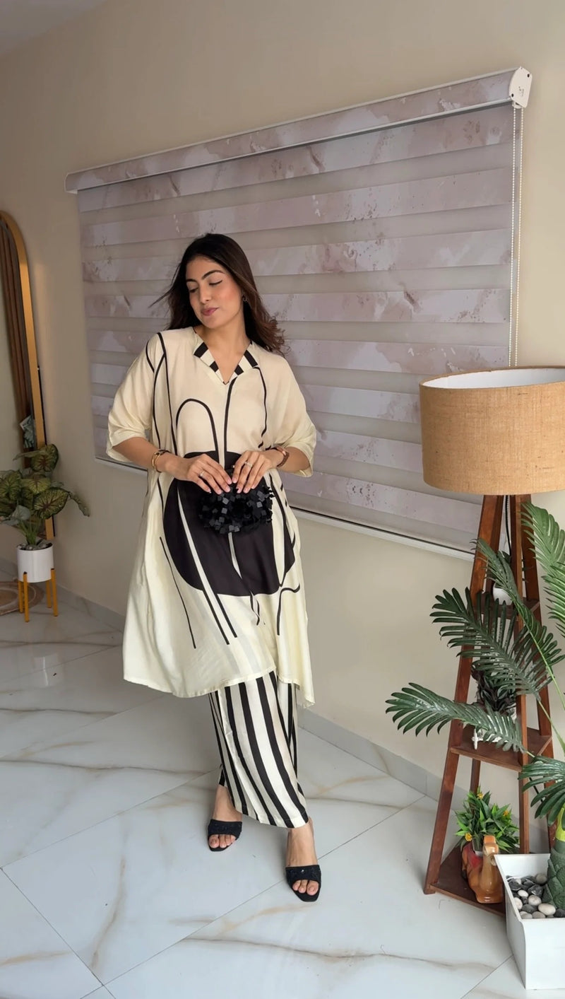 Pure Muslin Ivory Ink Co-Ord Set